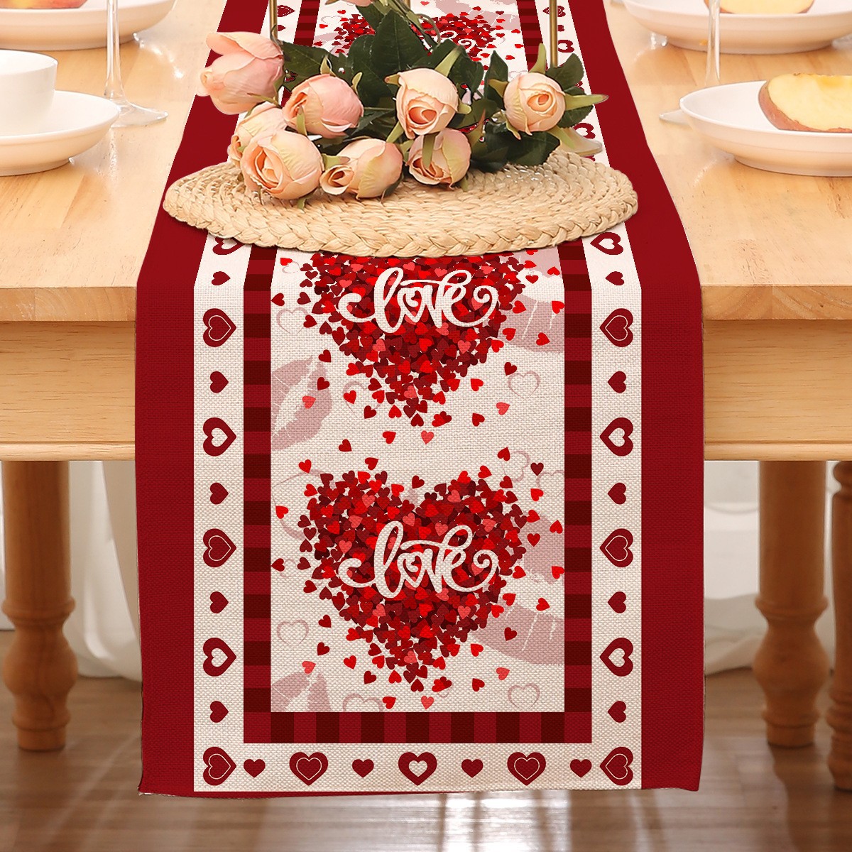 Camino de mesa temático de San Valentín para decoración transfronteriza, mantel rojo estampado de Amazon, decoración de restaurante, estilo nórdico, decoración del hogar, tira larga
