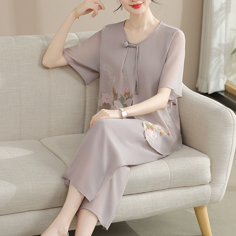 Новый китайский стиль мамы летний костюм темперамент шифоновая рубашка среднего и пожилого возраста женская летняя футболка брюки набор из двух частей