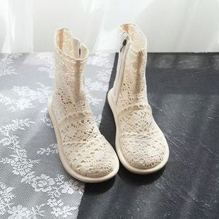 2025 Summer Sandals Women's Sandals Cotton and Linen Fairy Style Mesh Boots Cut Out Short Boots Spring & Fall Single Boots Thin Boots