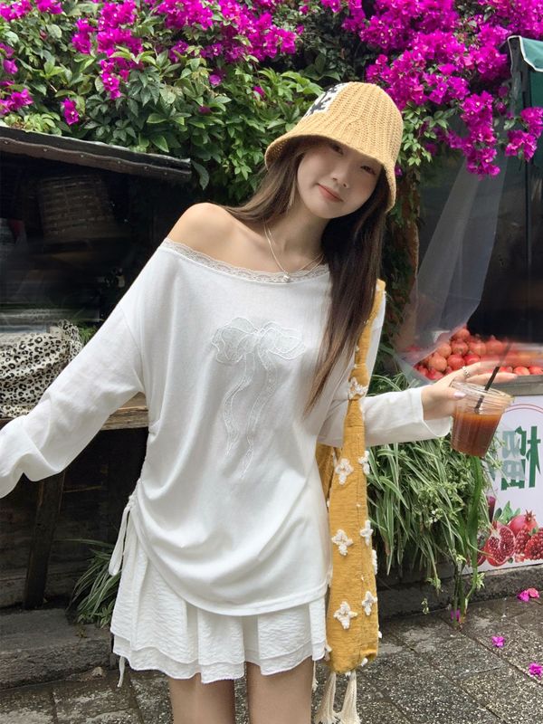 韩系蝴蝶结蕾丝斜露肩长袖T恤女2025初秋新款纯欲辣妹设计感上衣|undefined