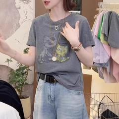 丸襟猫プリント半袖tシャツ女性2025年夏の新サイズ太ったmm痩せた上着の肩のtシャツ
