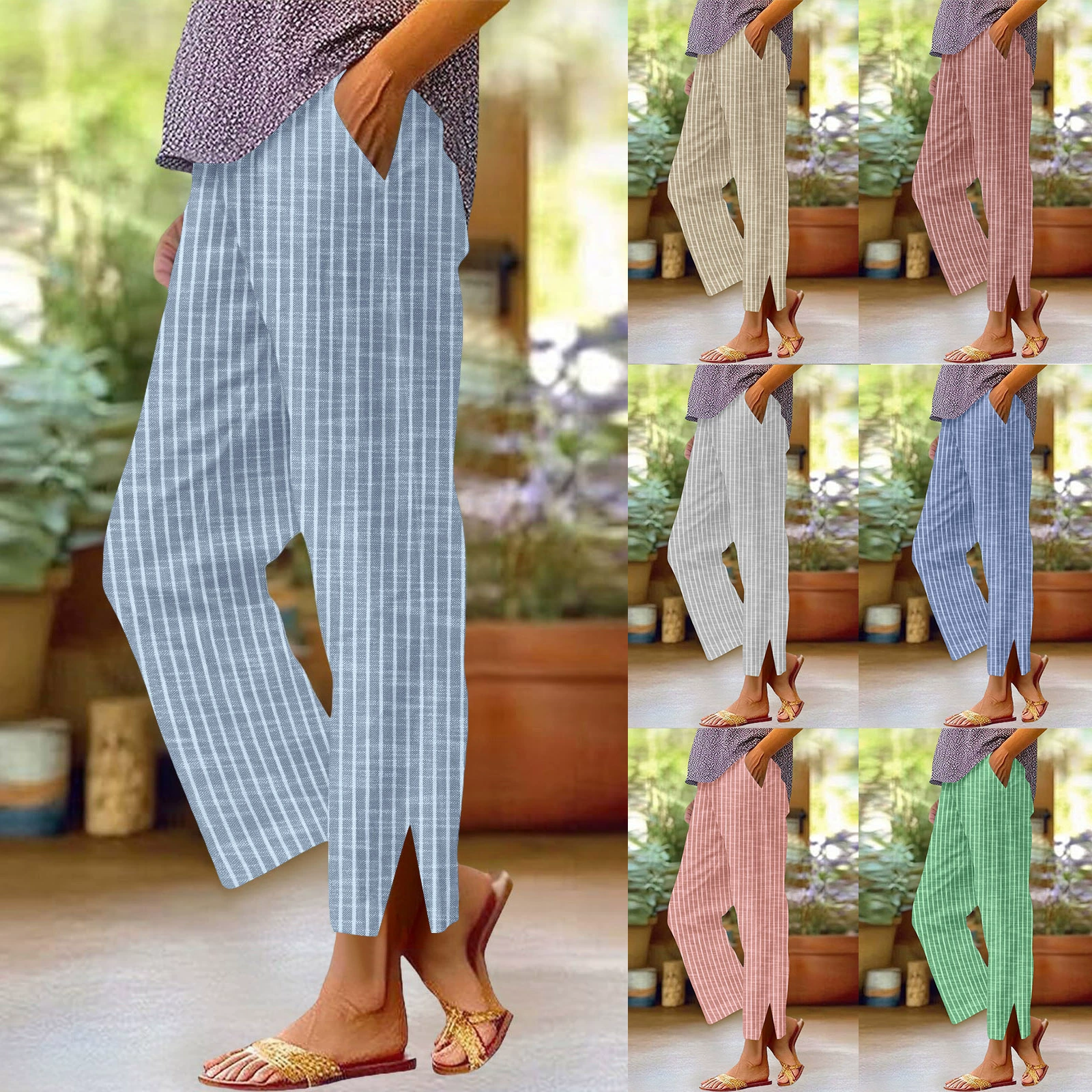 2025 Amazon Европейские и американские женские новые модные полосатые свободные брюки с эластичной талией, удобные укороченные прямые повседневные штаны