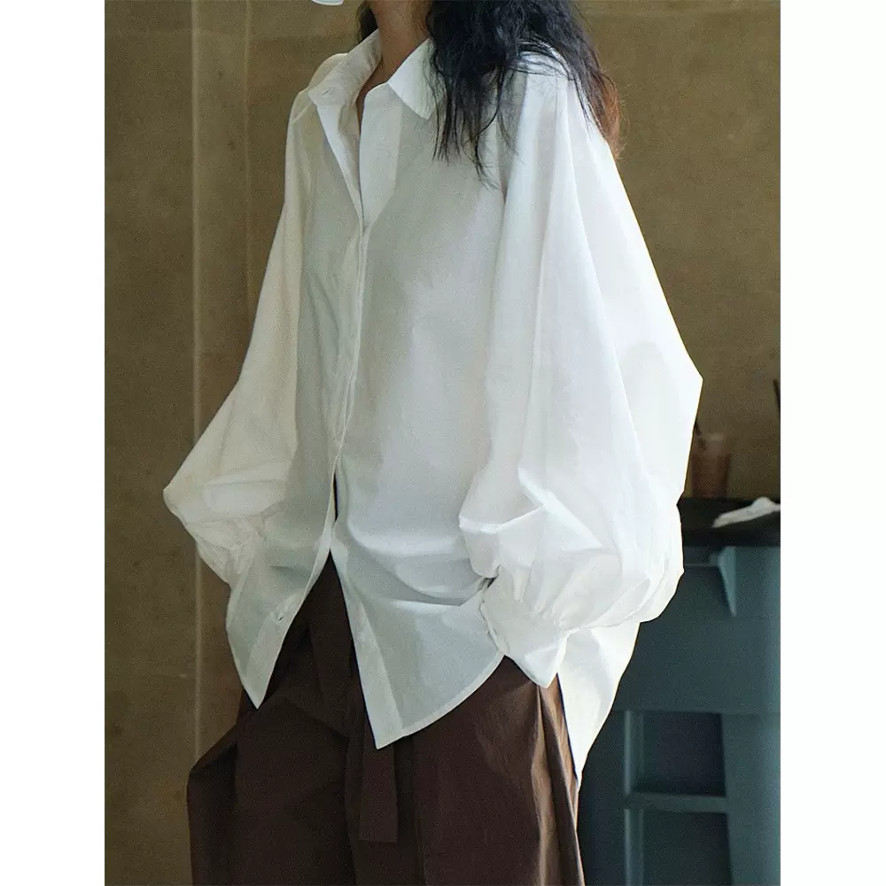 早秋新款韩国东大门灯笼袖翻领衬衫宽松廓形遮肉显瘦休闲上衣女