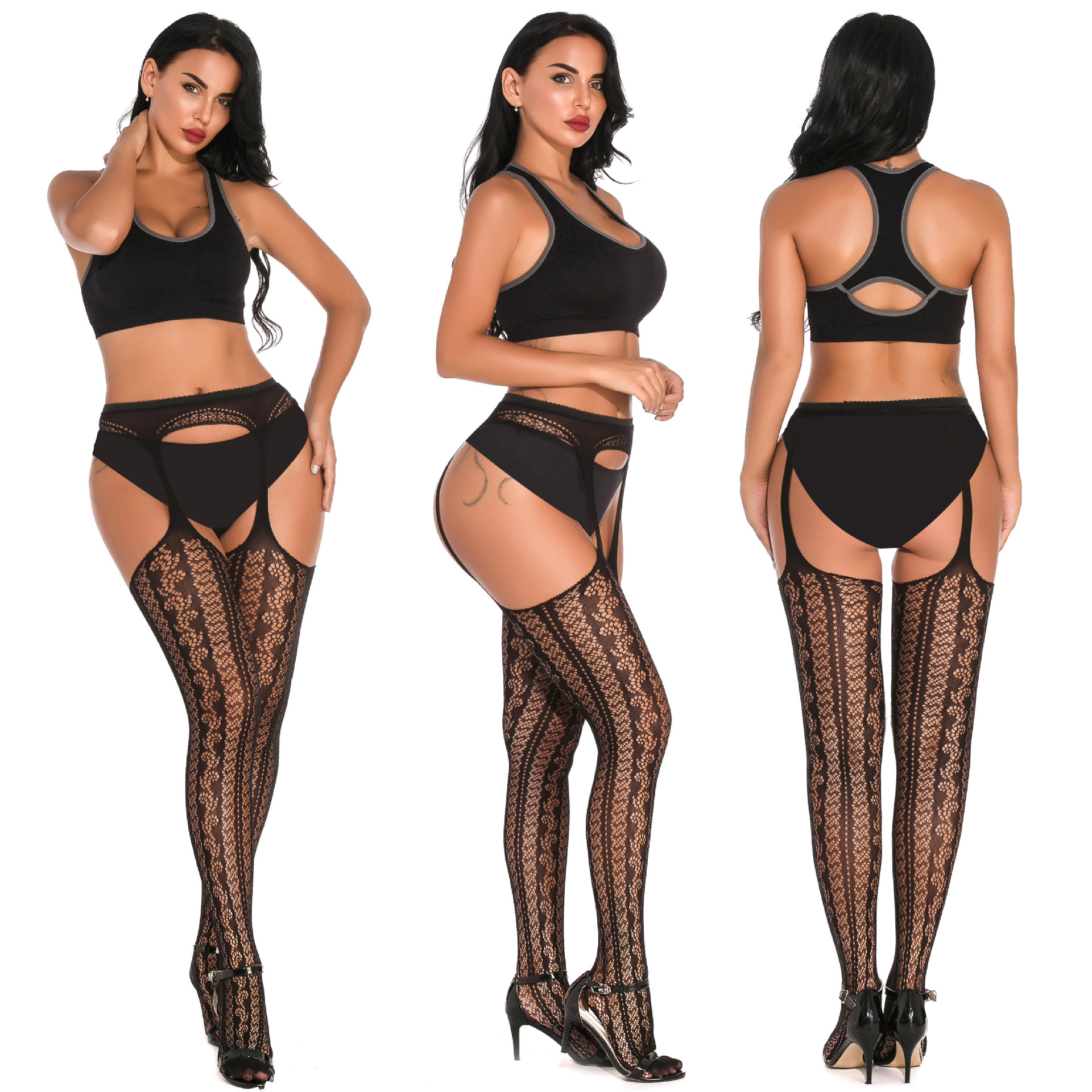 Fábrica de comercio exterior en stock de medias de mujer diarias, calcetines de cinturón, calcetines de red de pesca de encaje