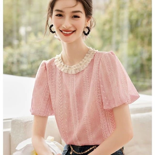 泡泡袖上衣女夏日2025新款法式优雅衬衫圆领短袖上衣粉色露肩高弹