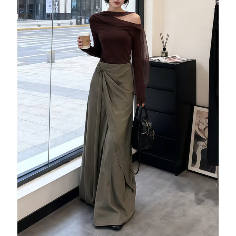 Off-Shoulder Mesh Ribbon Sweater Design Loose Wide-Leg Trousers Suit for Women