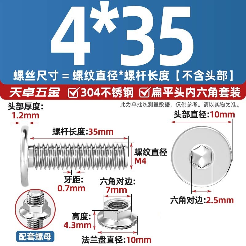304不锈钢CM大平头超薄头C头扁平头内六角螺丝钉法兰边螺母套装M5|undefined