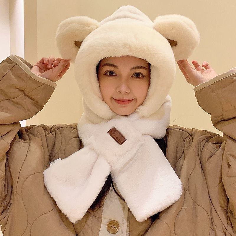毛绒帽子围巾一体女冬围脖小熊可爱秋冬季洋气百搭时尚保暖护耳帽|undefined