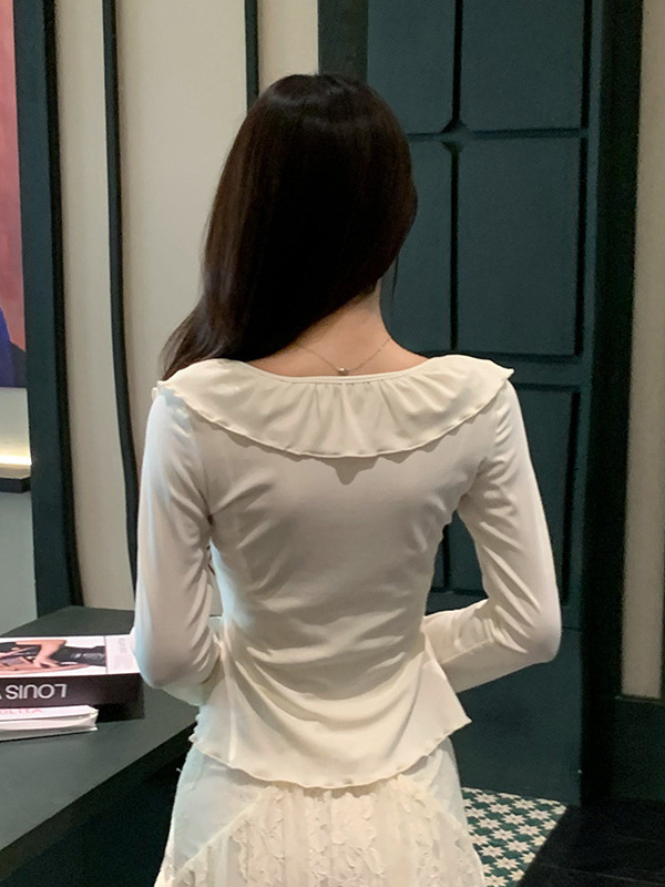 韩系2025秋冬季温柔风荷叶边短款女气质V长袖纯色修身开衫衬衫|undefined