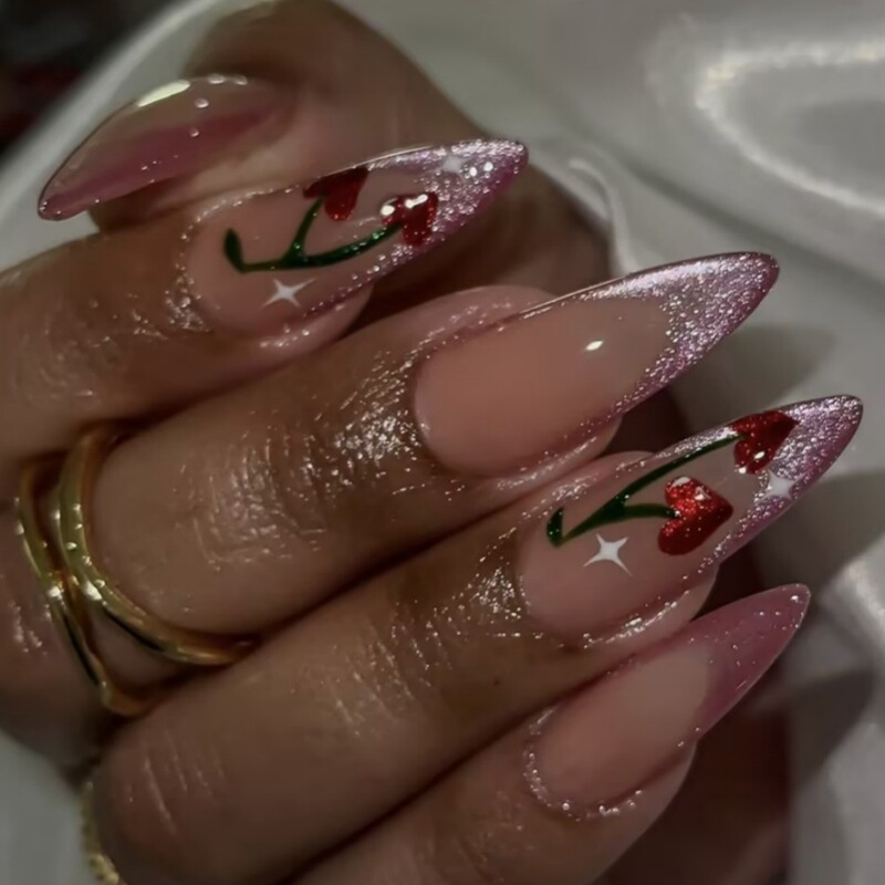 European and American long pointed nail red French cherry white star cat's eye nail art detachable wearable nail false nail nail piece