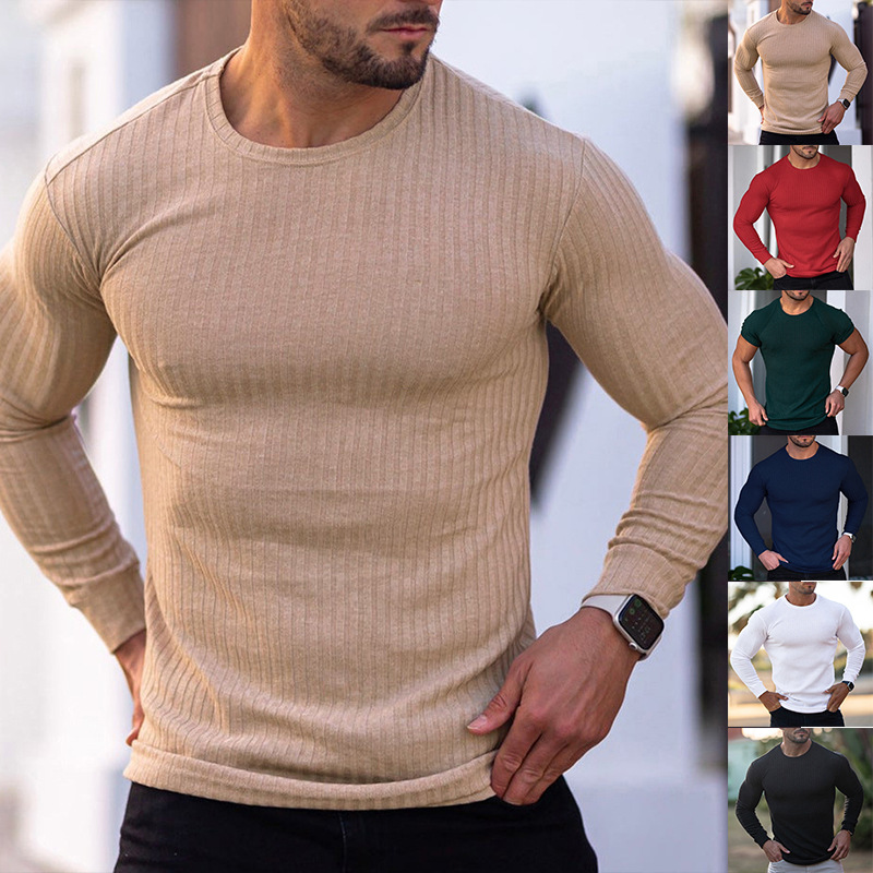 Comercio exterior transfronterizo entre Europa y Estados Unidos Wish hombre de otoño deportivo acondicionamiento ocio cuello vertical elástico cuello redondo camiseta de manga larga