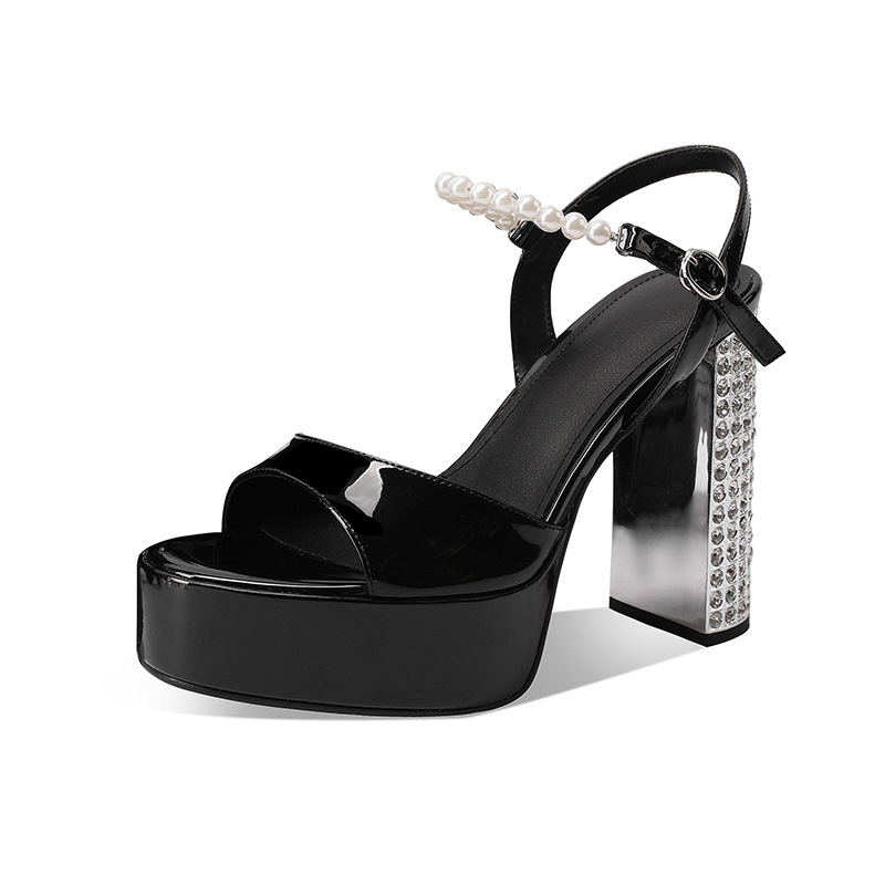Sandal nữ cao gót mũi tròn quai ngang đính đá gót dày platform da sáng chế — đen