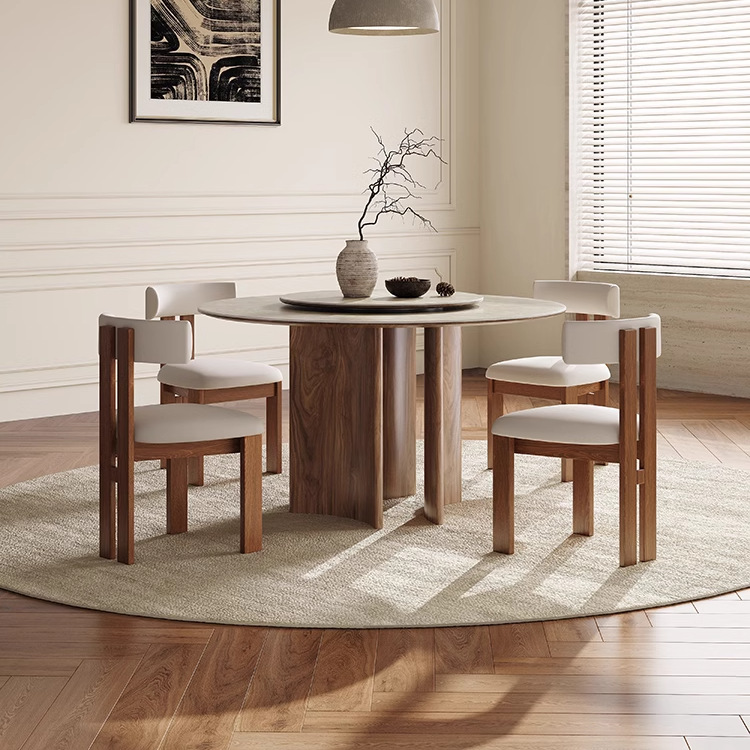 Mesa y silla de comedor de madera sólida retrógrada francesa combinada redonda con mesa giratoria moderna y simple estilo medieval mesa redonda de roca