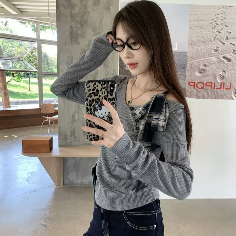 灰色不规则蝴蝶结t恤露肩女装秋季小众修身内搭长袖打底衫上衣