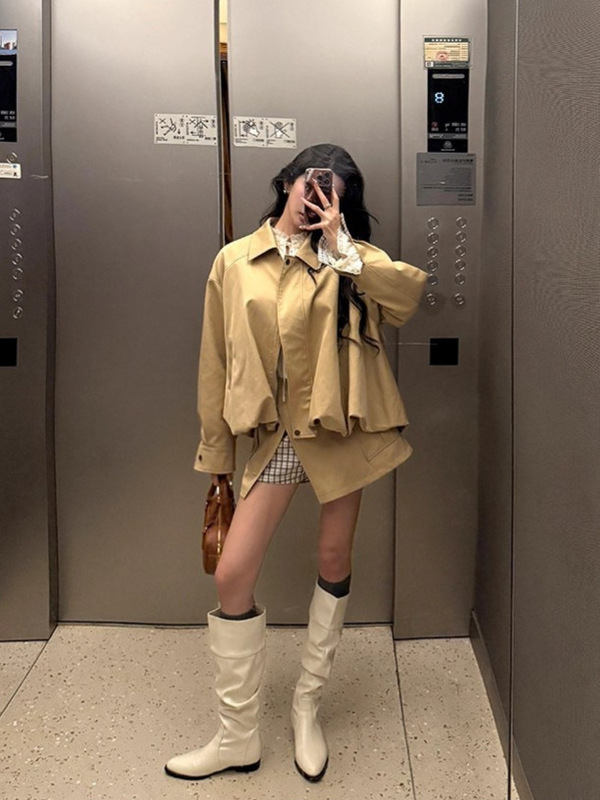 Barbchiil花苞夹克短外套女2025秋季新款卡其色套装不规则半身裙|undefined