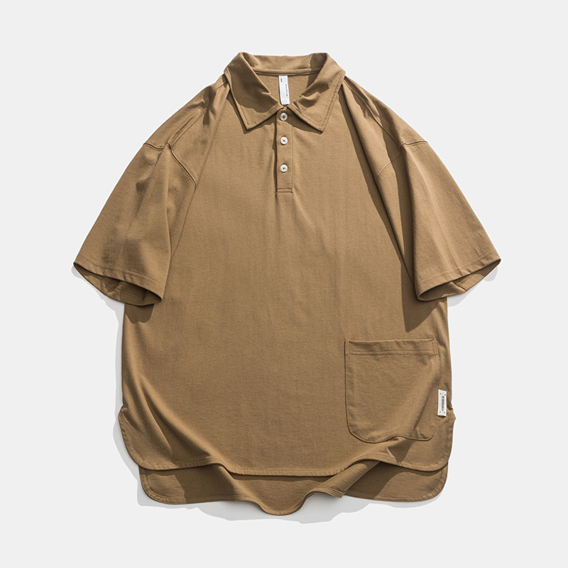 Heavy Weight 270g Pure Color Short-Sleeved Polo Shirt Men's Summer New Loose Lapel Japanese Style Simple Slit Half-Sleeved T-Shirt