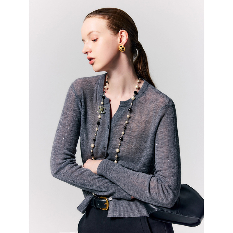 [Broken Shadow Bead Cardigan] Ultra-Thin 200S Ultra-Fine Water-Soluble Wool Knitted Cardigan for Women 100 Sheep Wool Top