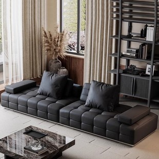 Lawrence Sofa, Straight-Row Genuine Leather Italian Designer Sofa for Large Flat Apartments, Black Semi-Green Leather Sofa