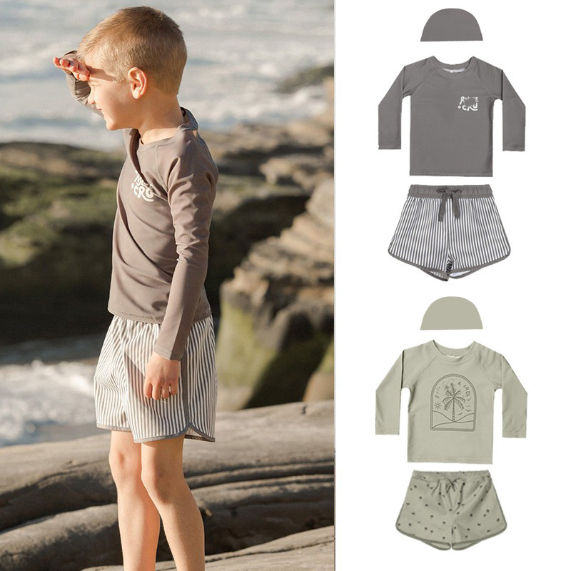 2026 Summer New Children's Long-Sleeve Swimsuit and Swim Trunks, Sun-Protective Toddler Boys' Two-Piece Swimwear Beach Swim Trunks