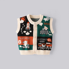 秋季新品中小童毛衣圆领背心开衫韩系拼色卡通卡复古马甲针织衫