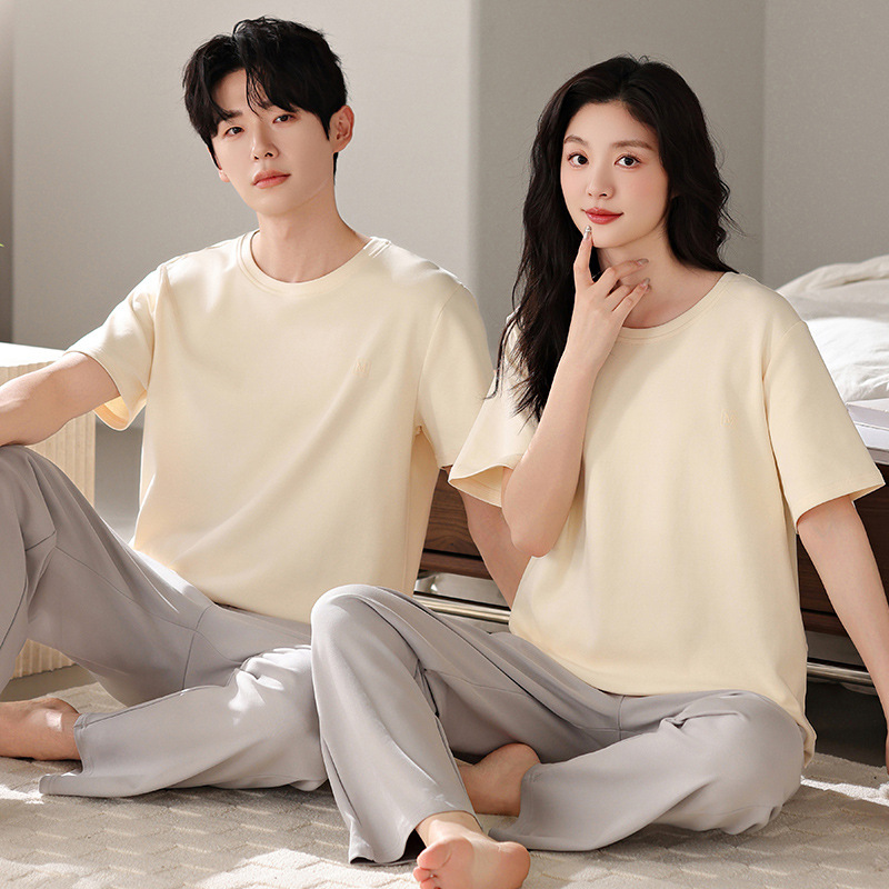 2026 New Couple's Pajamas for Women, Summer Pullover, Solid Color, Pure Cotton, Short-Sleeve, Long Pants, Women's Loungewear Two-Piece Set