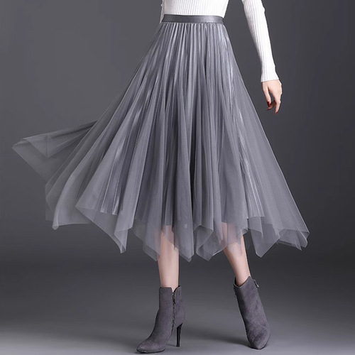 High-waisted half-length skirt for women, elastic waist, middle-long length, pleated, gold silk velvet long dress, loose, plus size, suitable for spring and autumn.