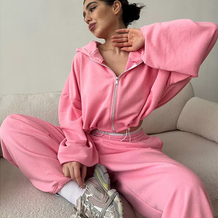 European and American Women's Casual suit Solid Color Long-sleeved Zipper Cardigan Drawstring Hoodie Sports Elaptic Pants Two-piece Set