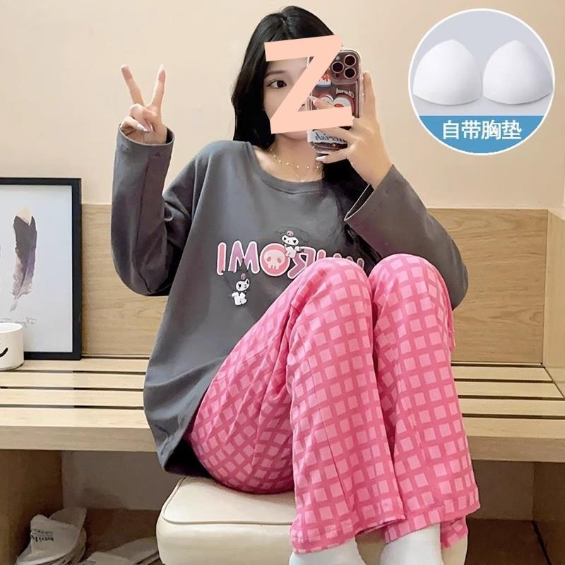 春と秋の女性用パジャマ、胸パッド付き長袖ズボン、膨らみ防止スーツ、冬と夏の女性のかわいい漫画のホーム服|undefined