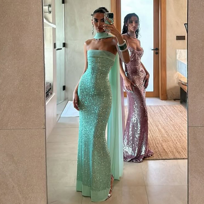 Amazon Cross-Border European and American New Style Sexy Tube Top Solid Color Slim Fit Long Celebrity Style Sequined Dress for Women