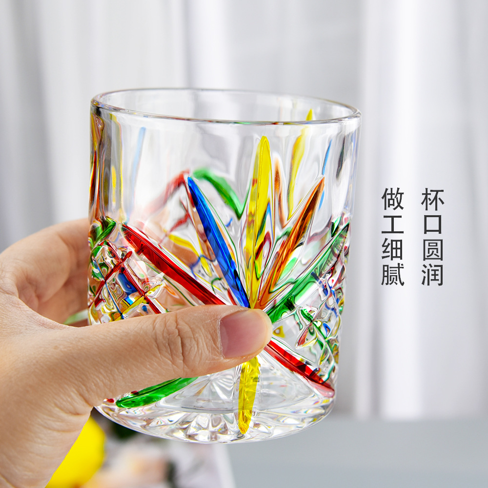 意大利设计师同款手工彩绘威士忌玻璃酒杯 七彩创意水杯家居摆件