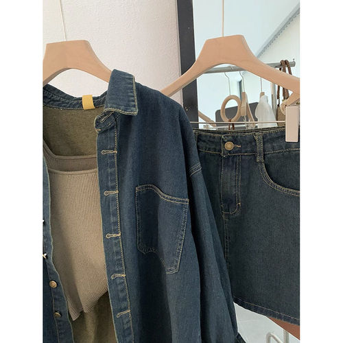 Collar, long-sleeved shirt, short skirt, women's autumn new style, Hong Kong-style, seasonal trend, two-piece denim suit