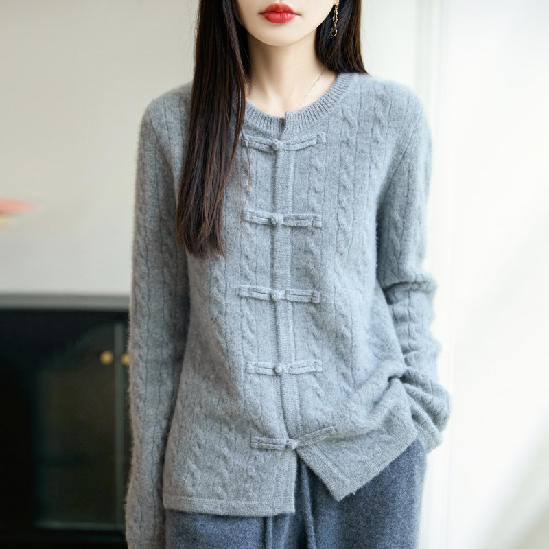 加厚中式盘扣秋冬100羊毛圆领绞花开衫女休闲针织衫显瘦新款毛衣|undefined