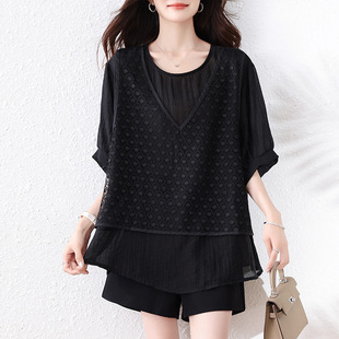 Real Shot of the New Summer Style Collar, Fashionable, Breathable, Skin-Friendly, Loose and Slimming Fake Two-Piece Set