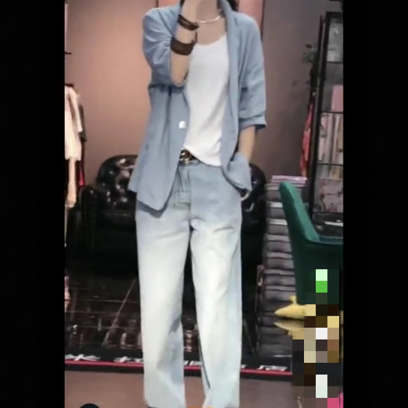 Strong 133 Summer New Three-Piece Women's Fashion Loose Sling Slim Small Suit Gray Jacket + Jeans Trendy