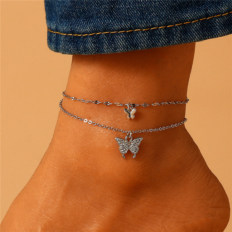European and American retro double-layer butterfly anklet Internet celebrity fashion temperament pendant bracelet Bohemian beach chain accessories