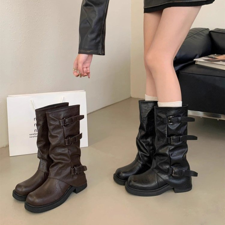 厚底百搭堆堆长筒靴皮带扣裤管靴女2025秋冬新款感牛仔骑士靴|undefined