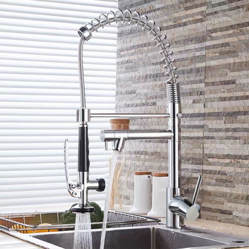 All-Copper Pull-Out Kitchen Faucet Sink Basin American Spring Hot and Cold Faucet Rotatable
