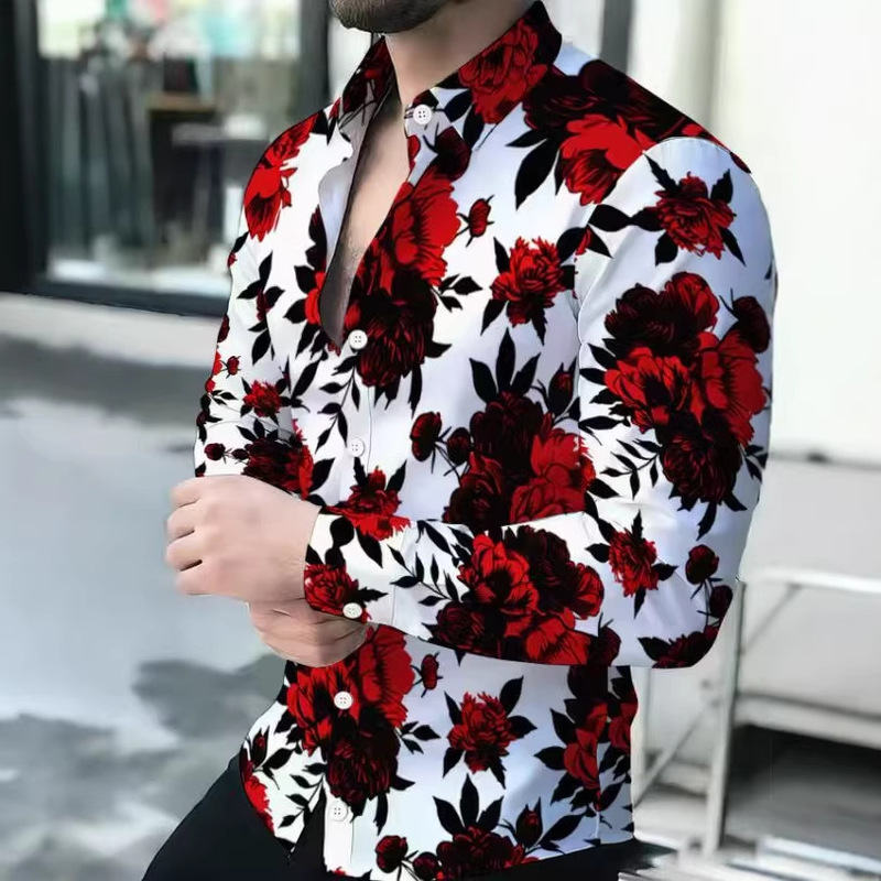 New Men's Long-Sleeved Shirt with Red and Black Floral Print, Thin Breathable Shirt, Slim Fit Lapel, Personalized Men's Shirt