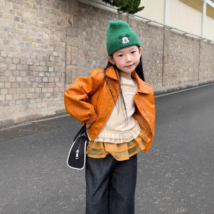 Children's Outwear Autumn Clothing 2025 New Style Girls Fashionable Motorcycle Leather Jacket Baby Short Yellow Jacket Top
