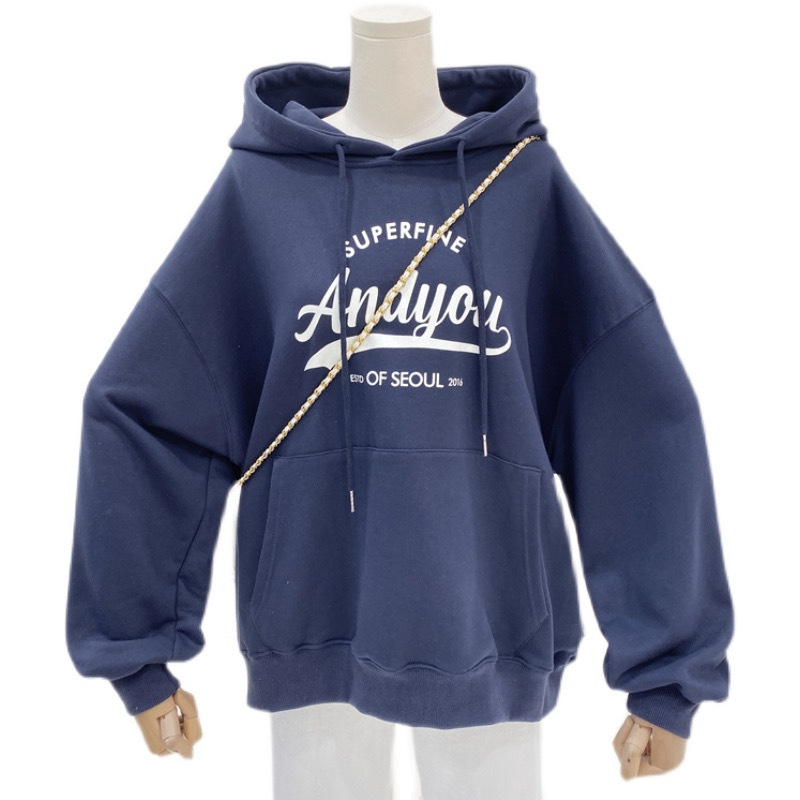 Sudera con Capucha Transfronteriza de Otoño/Invierno, Estilo Coreano, Estampado de Letras, Nuevo Modelo, con Forro Polar, Manga Larga, Top Multiusos de Moda
