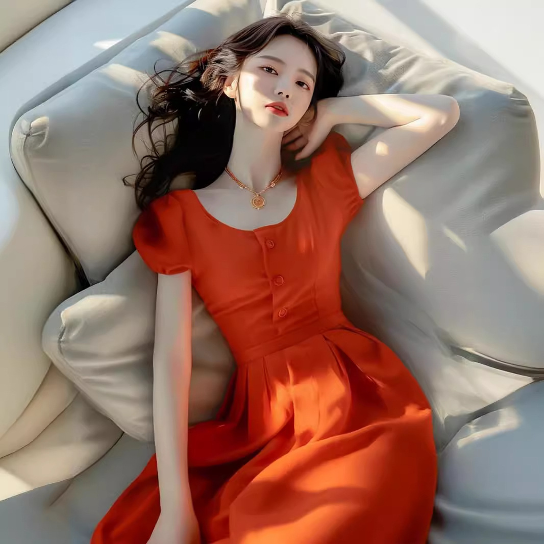 Váy dài cổ tròn tay phồng màu cam FL240395 phong cách trưởng thành nhẹ nhàng tôn dáng eo — Màu cam