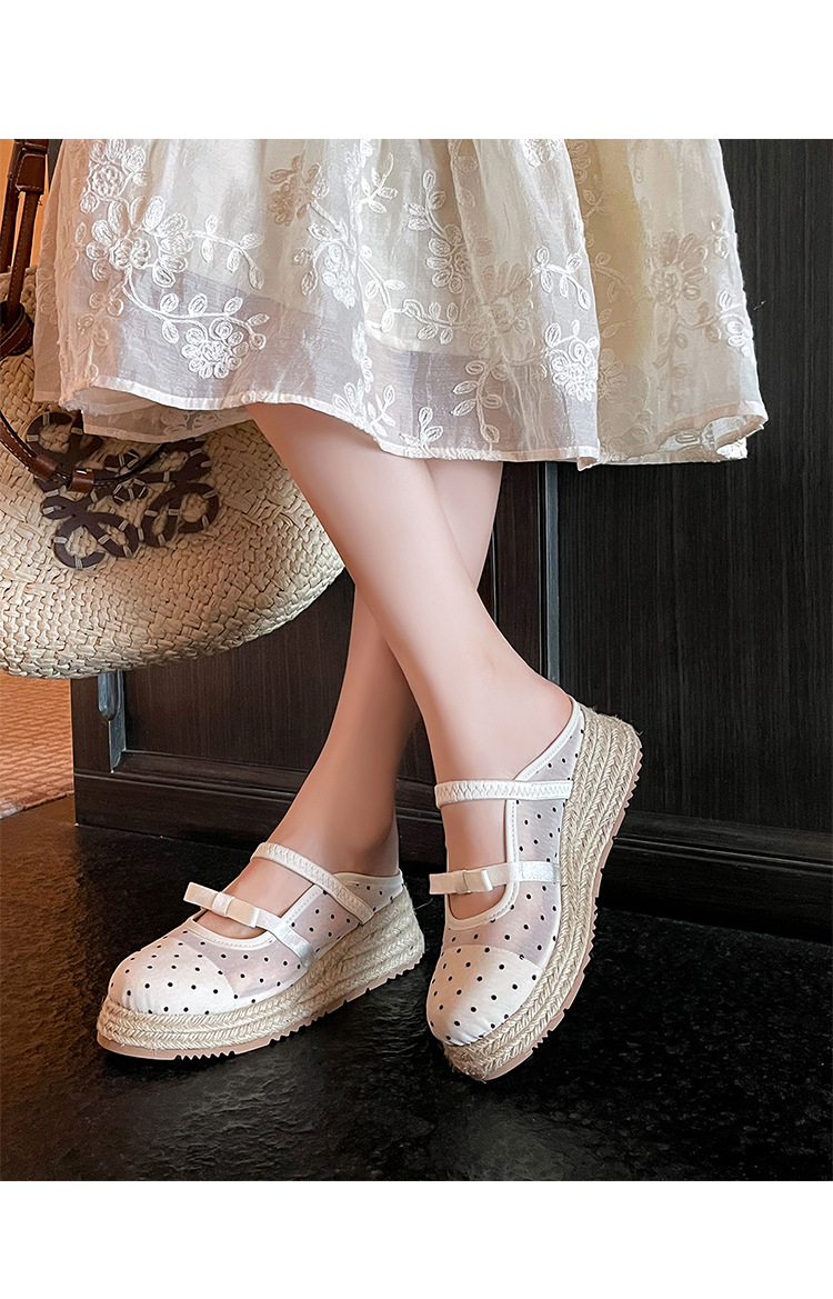 Xăng đan gót xuồng dệt đế dày 5cm bít mũi lưới phong cách nghỉ dưỡng — Lưới kim cương nóng, Lưới chấm bi, Lưới chi tiết 14