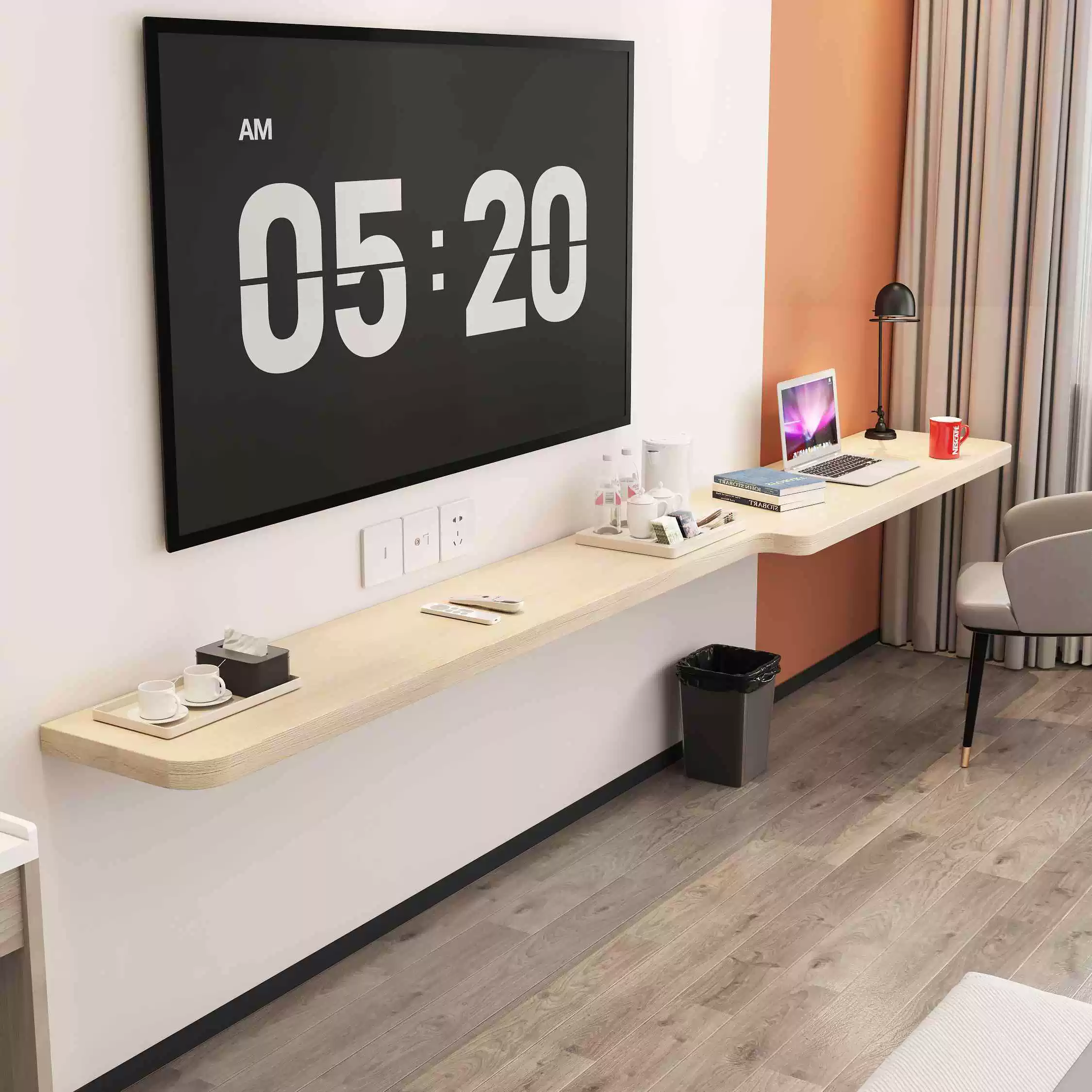 Мебель для гостиниц: комбинированный письменный стол с прямой столешницей и телевизором, перегородка для номера в гостинице/гостевом доме, подвесной телевизионный шкаф.