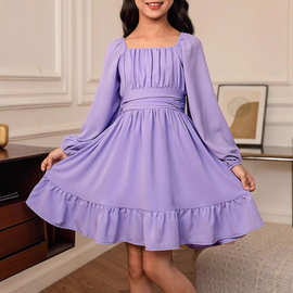 2025夏季欧美复古跨境纯色泡泡长袖露背束腰度假风少女连衣裙