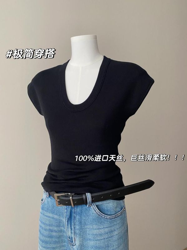 ファッショナブルなUネッククールトップ2025夏新作スリムフィット薄型多用途右肩半袖Tシャツ女性用|undefined