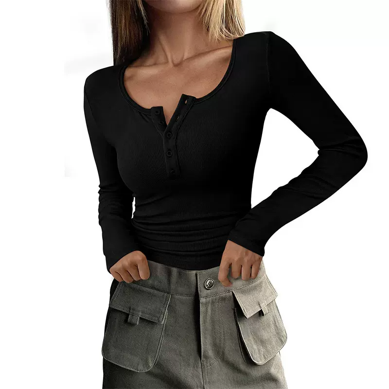2024欧美跨境亚马逊女式长袖打底衫T恤针织修身休闲基本款上衣