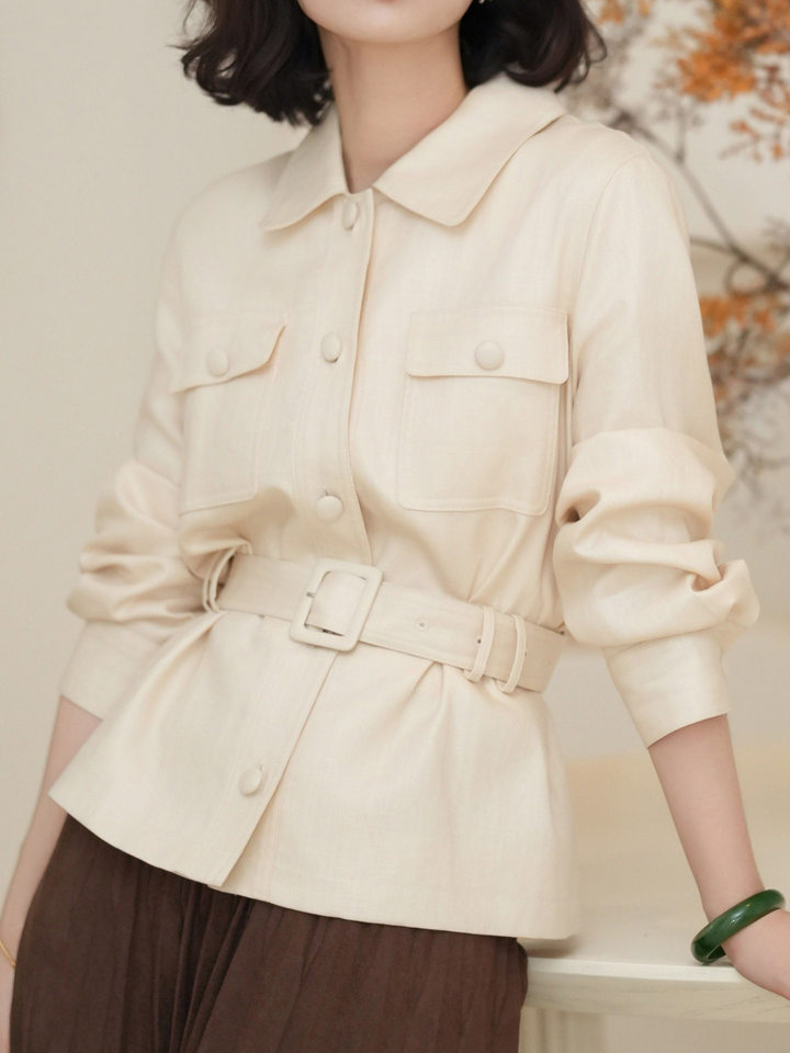 Áo khoác ngắn nữ pha Tencel và linen cổ polo tay dài chiết eo tôn dáng — Màu be