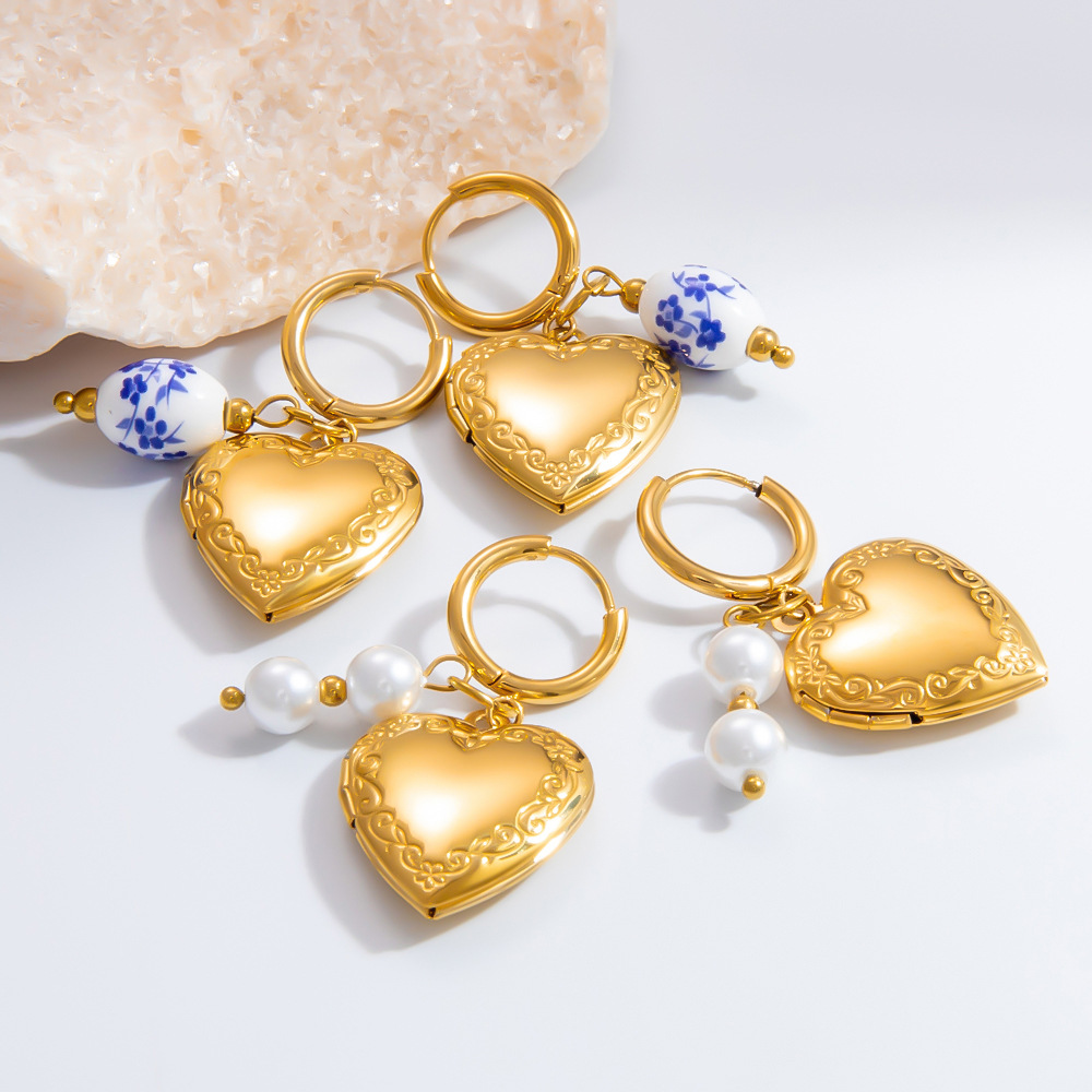 10g Weight 1 Pair Simple Style Heart Shape Beaded 304 Stainless Steel 18K Gold Plated PVD Coated Charm Sleeper Hoop Earrings Drop Earrings