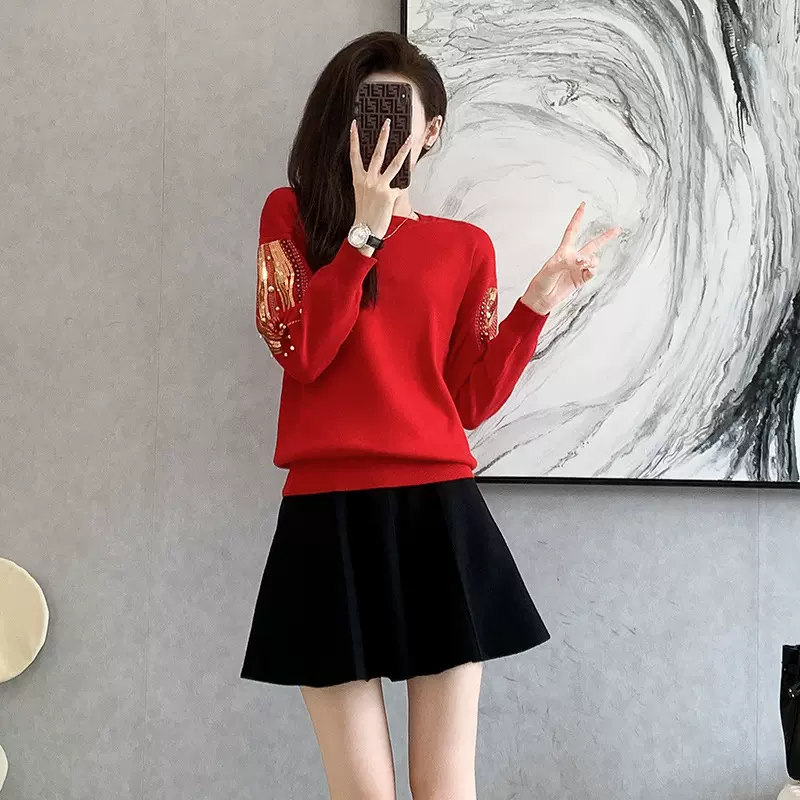 大码时尚休闲套装女2024秋冬季刺绣套头毛衣针织两件套装裙子批发