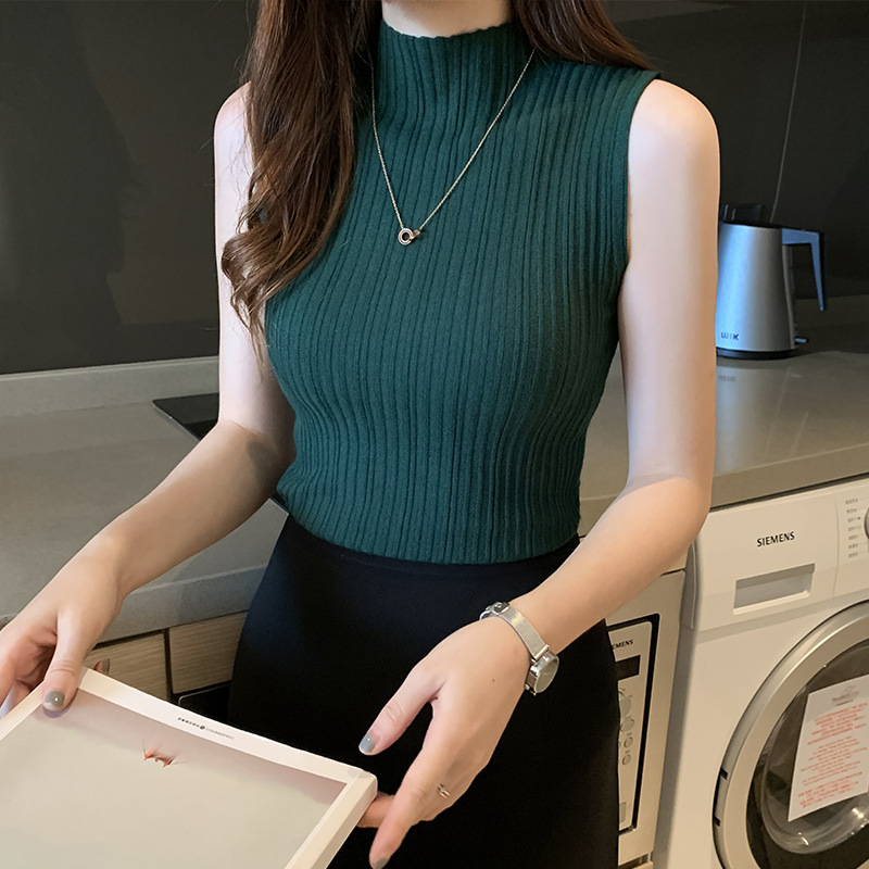 코어 스핀 원사 라이트 럭셔리 우아한 하이 칼라 민소매 내부 티셔츠 여성용 올매치 니트 베이스 셔츠 슬림핏 민소매